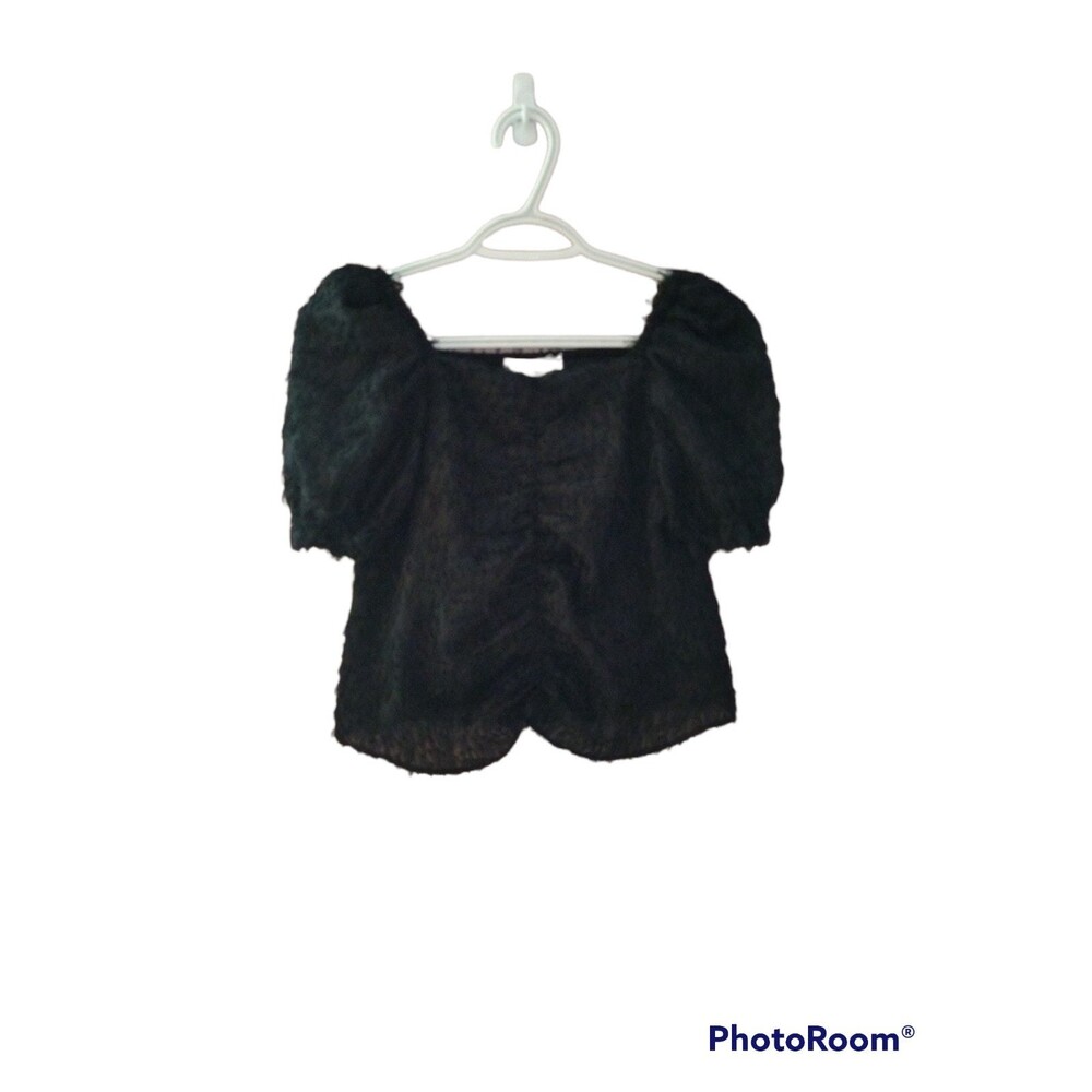 Zara Women's Black Eyelash Square Neck Puffed Sleeve Ruched Top Size Medium